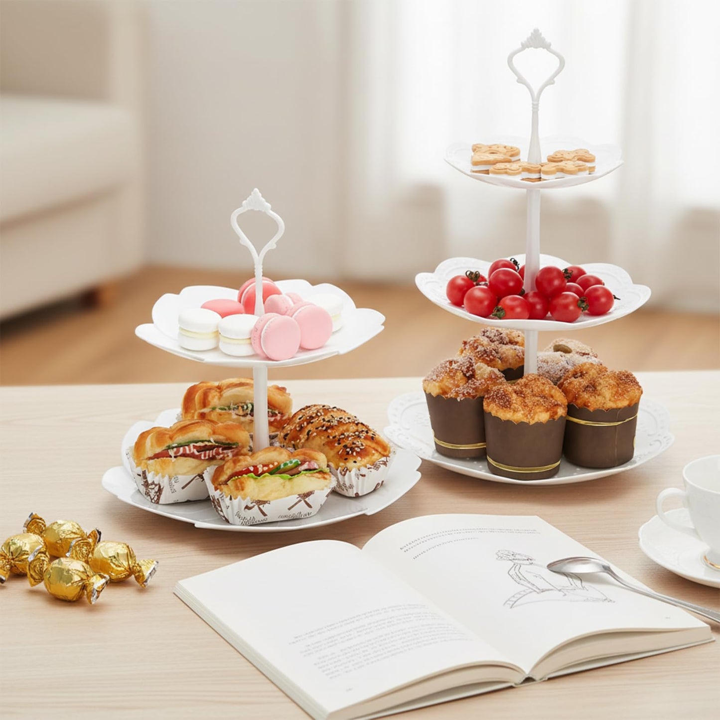 Tosnail 3 Pack 3 Tiers White Plastic Cupcake Stand Dessert Stand Tiered Serving Trays - Round, Square, Flower