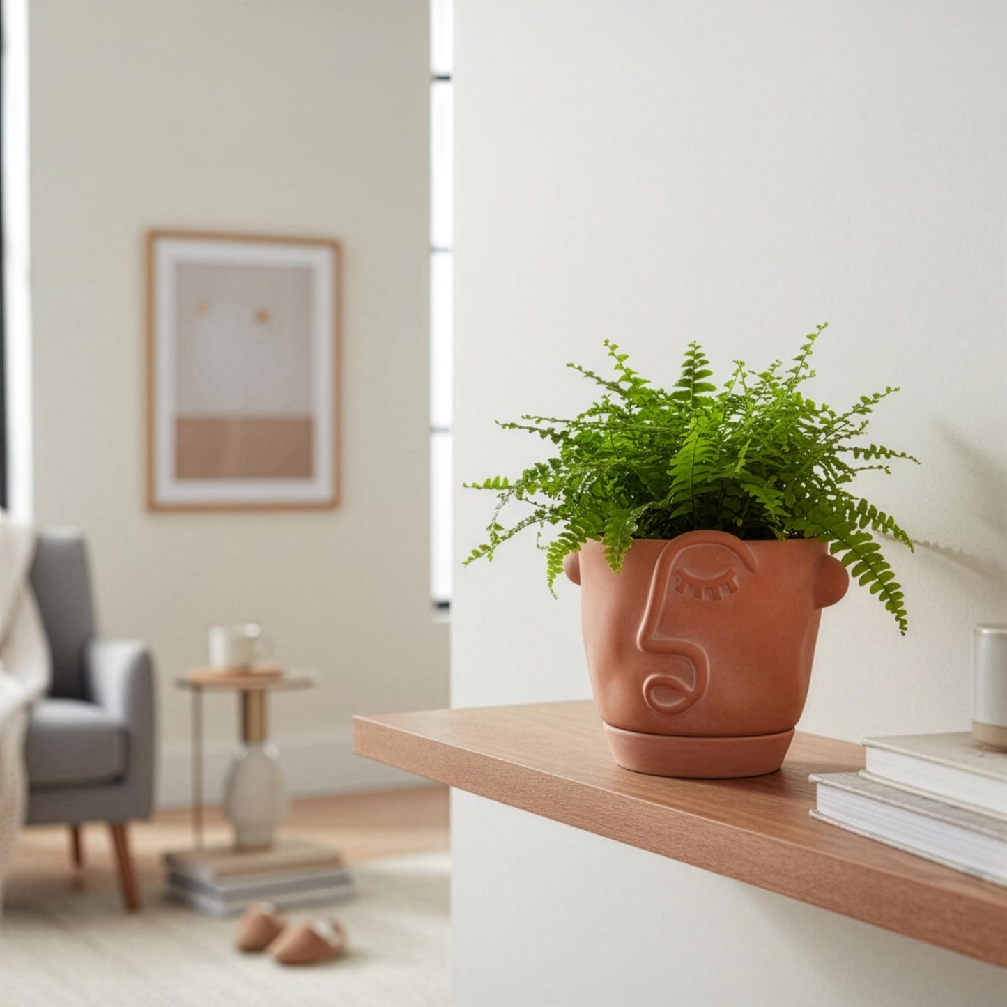 HERDUK 6 Inch Terracotta Abstract Face Planter with Drainage & Saucer – Artistic Ceramic Flower Pot for Indoor Plants, Boho Home Decor, Unique Gift for Plant & Art Lovers