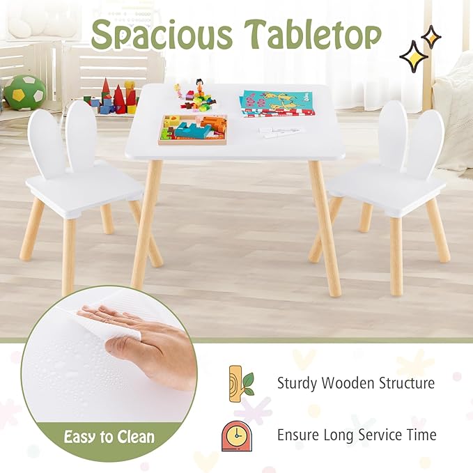 Costzon Kids Table and Chair Set, 3 Pieces Wooden Activity Table & 2 Rabbit
