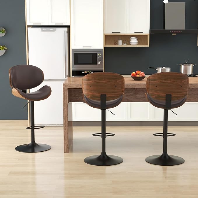 KCC Bar Stools Set of 3, Swivel Adjustable Height Barstools, PU Leather
