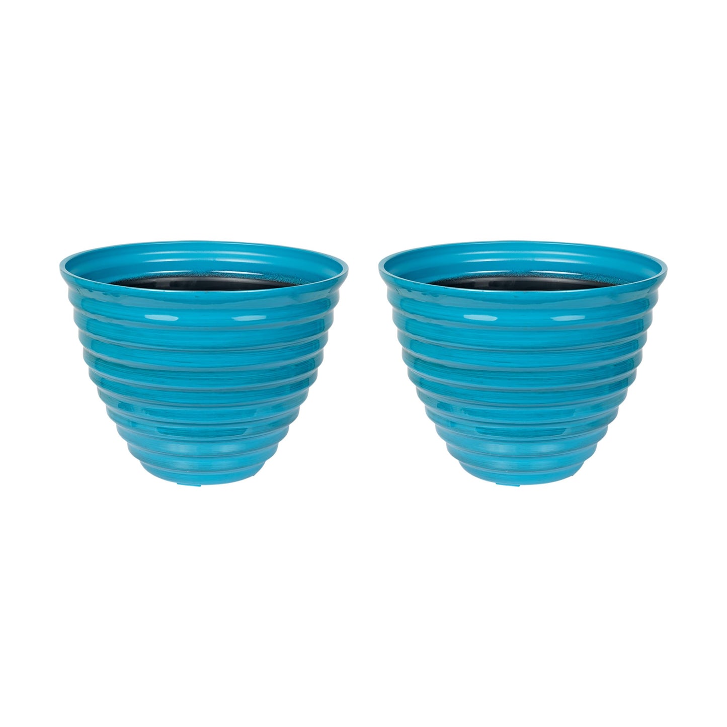 Alpine Corporation 16" Diameter Indoor/Outdoor Ribbed Plastic Planters, Lightweight with Plug-in Drainage Hole, Blue, Medium - Set of 2