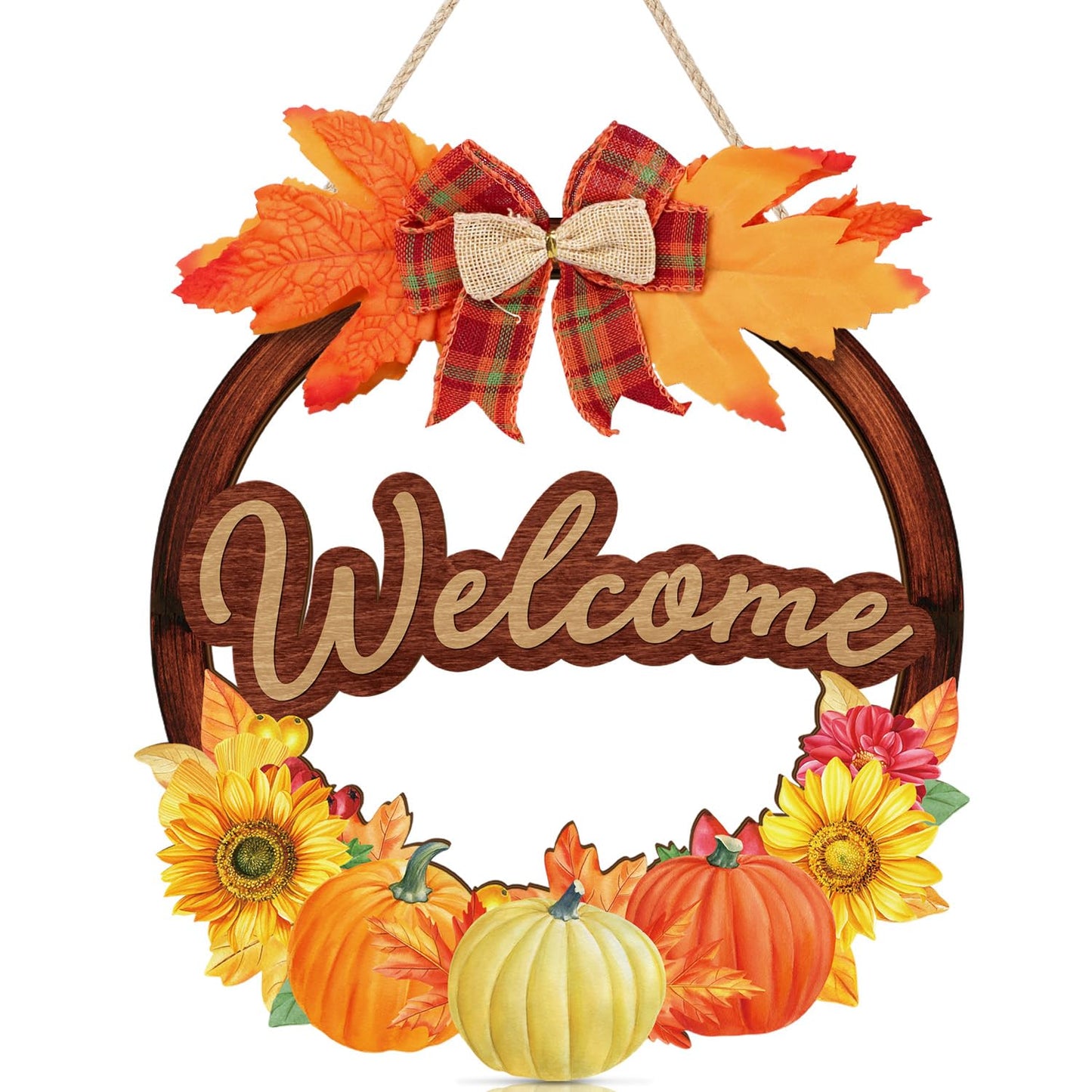 IARTTOP Fall Welcome Front Door Sign(29x28cm) Thanksgiving Pumpkin Wall Hanging Maple Leaves Door Hanger Autumn Harvest Wall Hanging Sign Fall Wreaths for Porch Farmhouse Garden Decoration