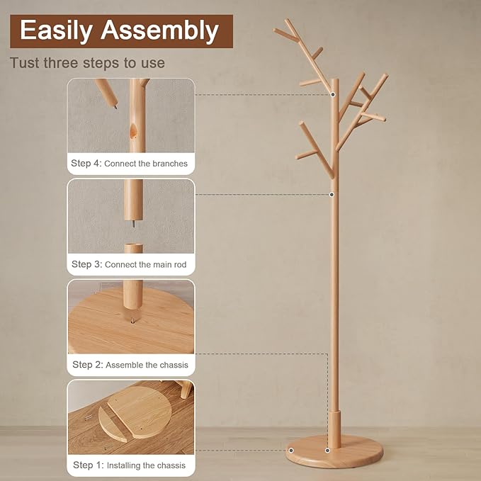 Muwuele Coat Rack, Solid Wood Coat Rack Freestanding