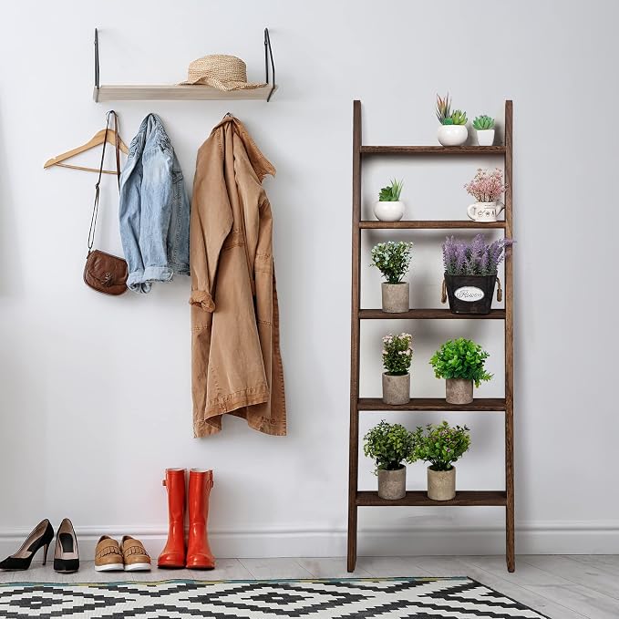 Rustic 5-Tier Wall-Leaning Wood Loadder Towel Racks for Bathroom Livingroom Kithen Office Woden Farmhouse Ladder-Style Blanket Rack Multipurpose Organizer Rack for Home (Brown)