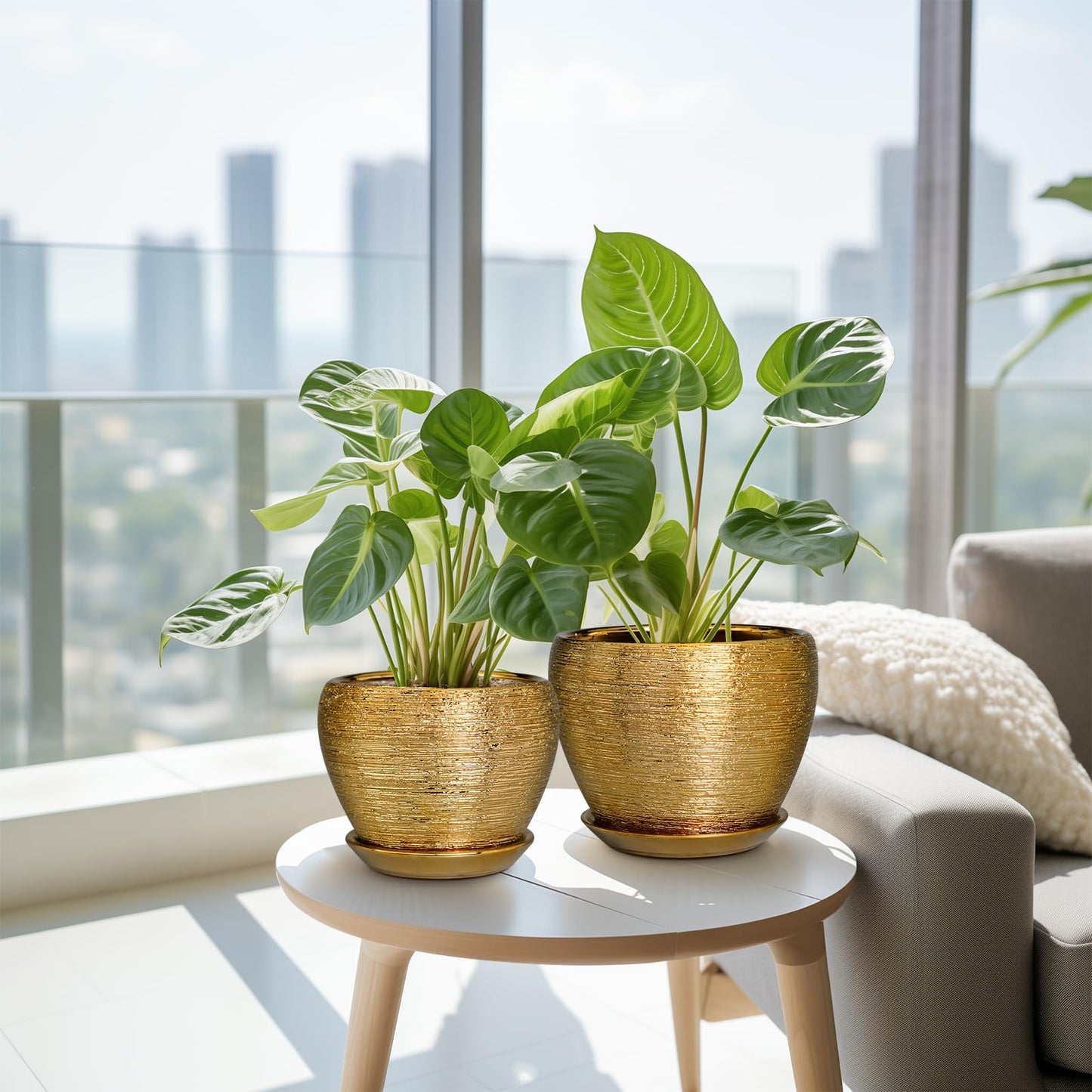 EPFamily Flower Pots for Indoor & Outdoor Plants - Ceramic Pots 10 Inch, 8 Inch, 6 Inch with Drainage Holes, Saucers - Decorative Large Planters Set of 3 Gold