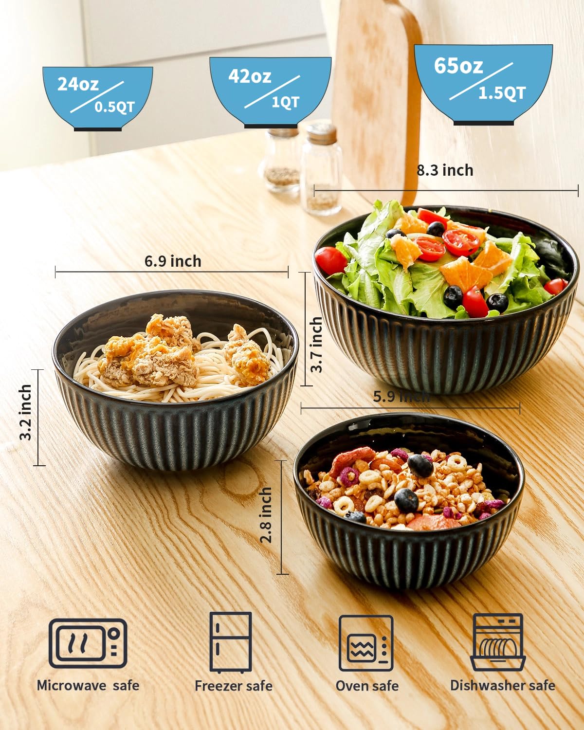 HASENSE Mixing Bowls of 3, Porcelain Ribbed Bowls 1.5/1/0.5 Qt For Kitchen, Cooking, Baking and Serving Prep Bowls for Salad, Pasta, Modern Kitchen Dish Dishwasher & Microwave Safe, Blue