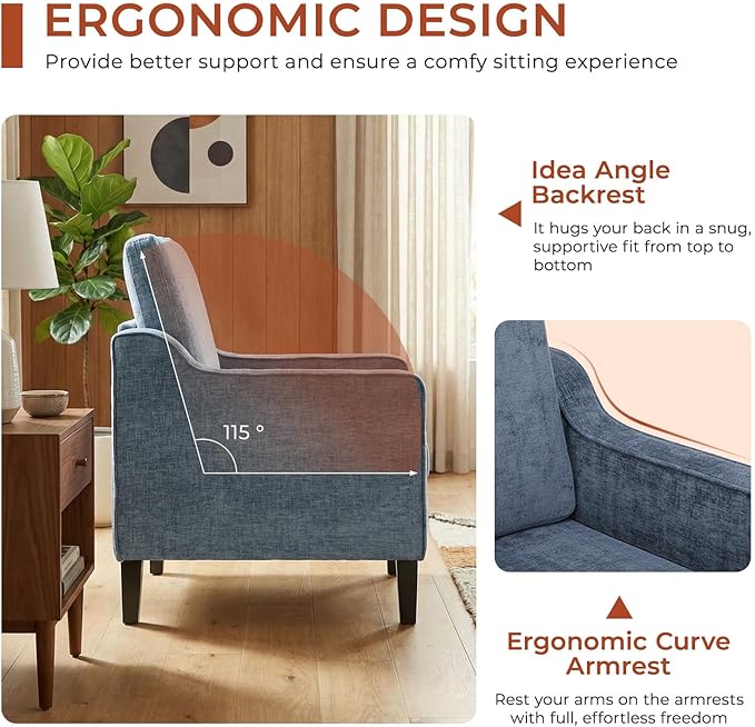TLSUNNY Mid-Century Accent Chair, Modern Upholstered Chenille Armchair & Padded