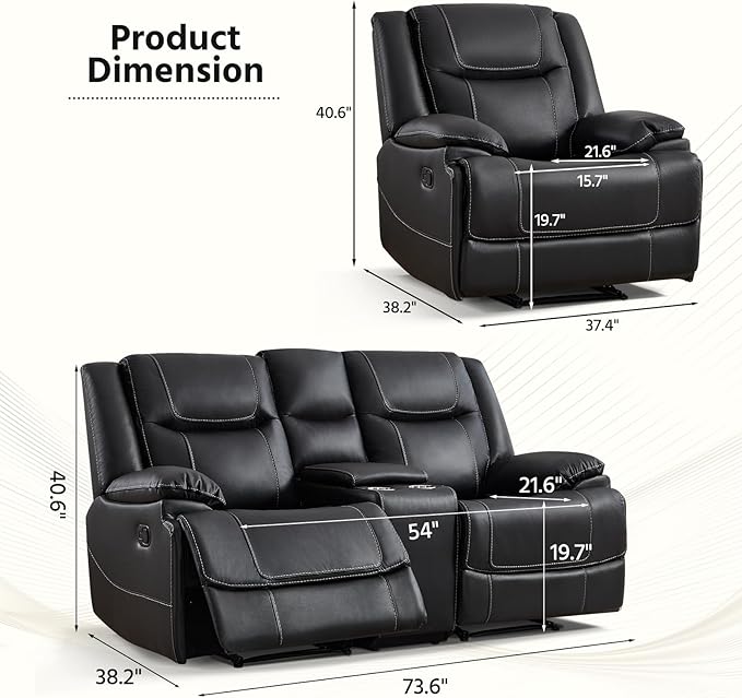 ANJ Premium Genuine Manual Reclining Sofa Set, Included Recliner Chair Set of 2