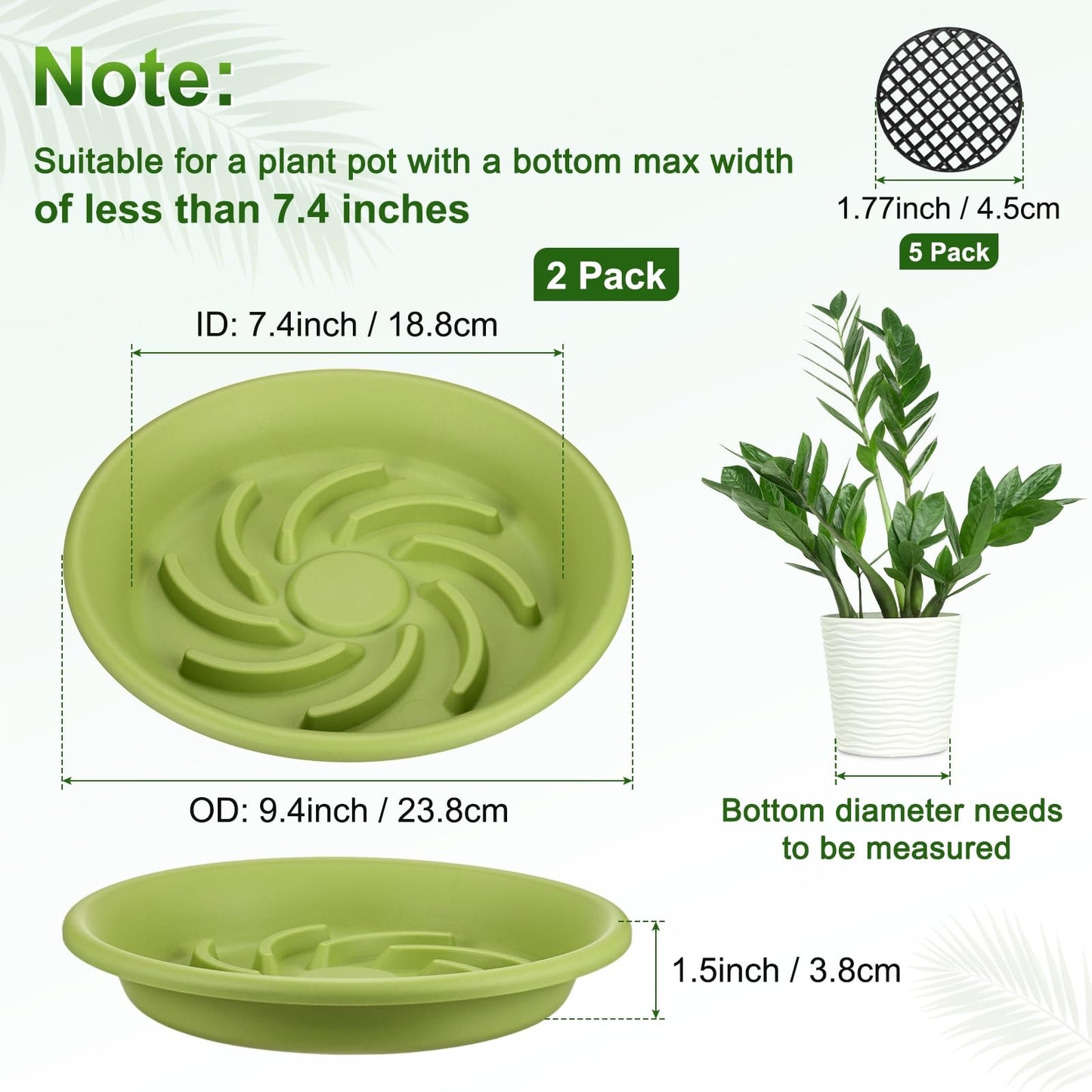 M METERXITY 2-Pack Plant Saucer, 7.4 Inch/ 18.8cm Plastic Plant Trays Thicker for Pots/Indoor/Outdoor/Water Drainage and Protection, Flowerpot Drip Tray [Apple Green]