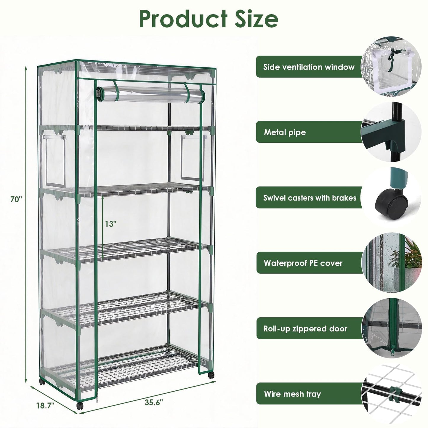 Indoor Greenhouse with Grow Lights & Wheels, 5 Tier Wire Shelf PVC Tent Portable Mini Green House Cabinet Kit for Plant Seed Starting Mushroom Grow (Upgraded)