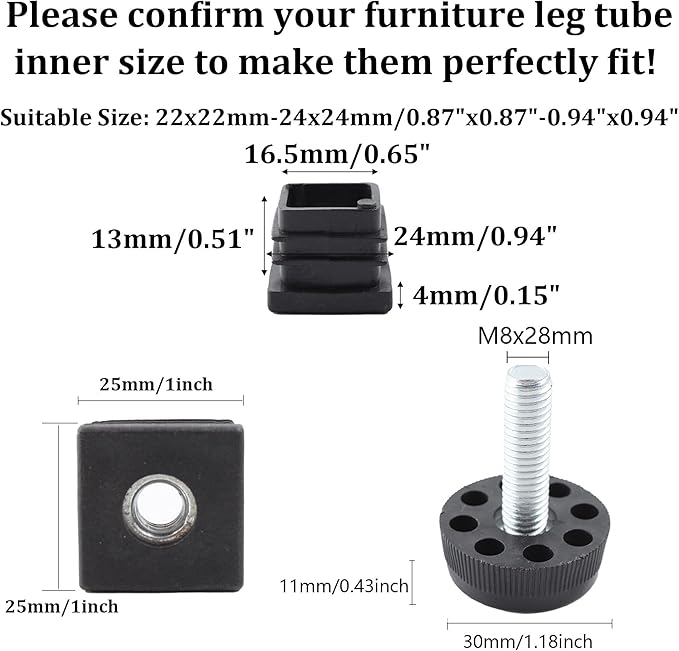 8Pcs Adjustable Leveling Feet 25 x 25mm Square Insert Kit Furniture Glide