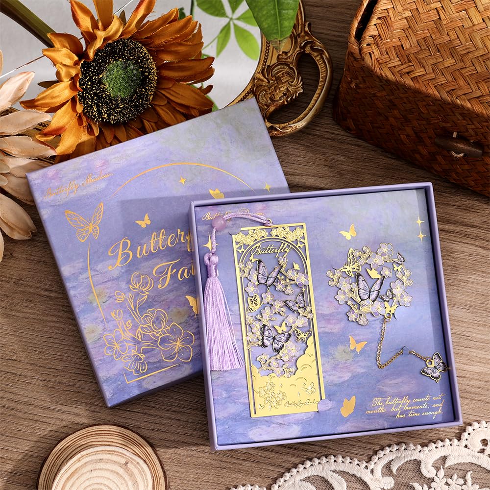 icceemee 2pcs Bookmark Butterfly Flower Theme Pretty Book Marks Set with Bookmarks for Women, Cute Book Markers for Writers, Kids, Teens, Men Readers, Reading Accessories Gifts for Book Lovers