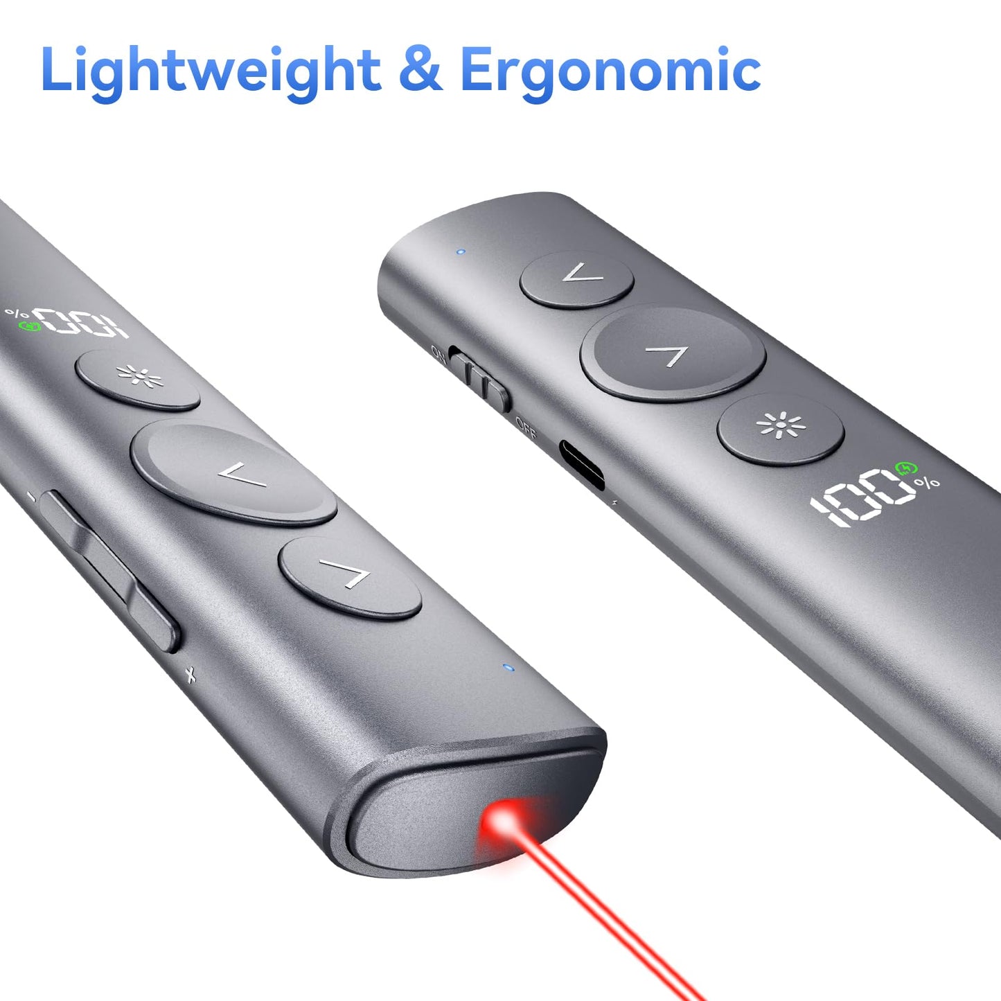 Rechargeable Presentation Clicker with Red Laser Pointer for PowerPoint, Power Display Wireless Presenter Remote with USB-A & USB-C Dongle, Slide Advancer for Mac, Windows, Laptop, Classroom, Office