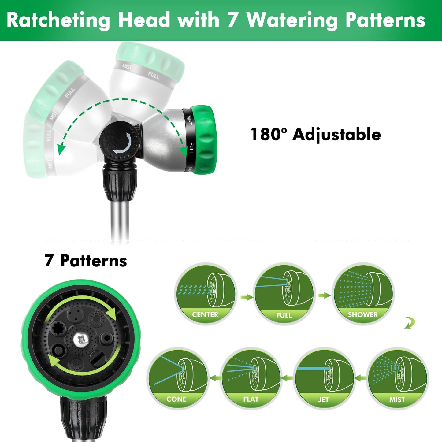 RESTMO 36”-60” Metal Watering Wand, Long Telescopic Tube | 180° Adjustable Ratcheting Head | 7 Spray Patterns | Flow Control, Perfect Garden Hose Sprayer to Water Hanging Baskets, Shrubs, Green