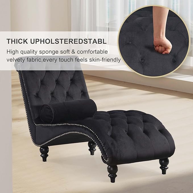 Chaise Lounge Indoor, Velvet Upholstered Lounge Chair Button-Tufted Armless