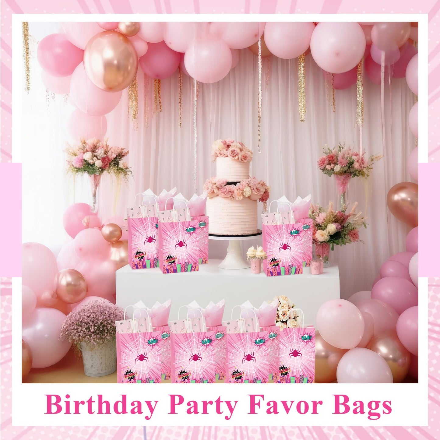 Henoyso 24 Pcs Pink Spider Party Favor Goodie Bags with Handles Pink Ghost Theme Birthday Decorations Treat Candy Snack Gift Bags for Baby Shower Birthday Party Supplies