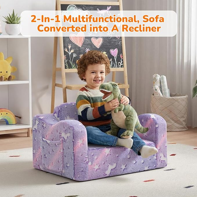 MeMoreCool Glowing Lavender Unicorn Kids Chair, 2-in-1 Convertible Kids Couch