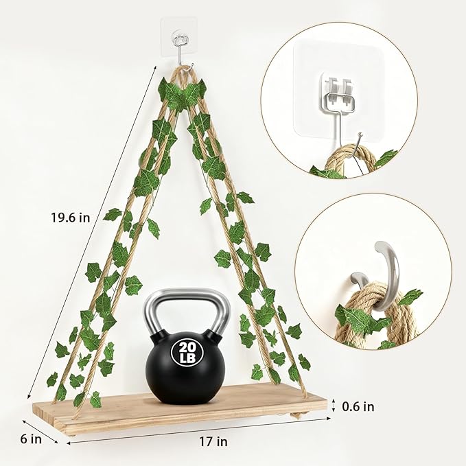 RICHER HOUSE Artificial Ivy LED-Strip Wall Hanging Shelves, Macrame Shelf