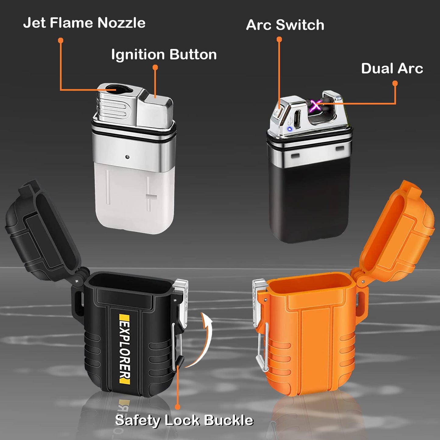 2 Pack Waterproof Lighter Outdoor Windproof Torch Lighters Dual Arc Butane Electric Lighters USB Rechargeable Lighters Flameless Plasma Lighter Camping Hiking Adventure Survival Tactical Gear