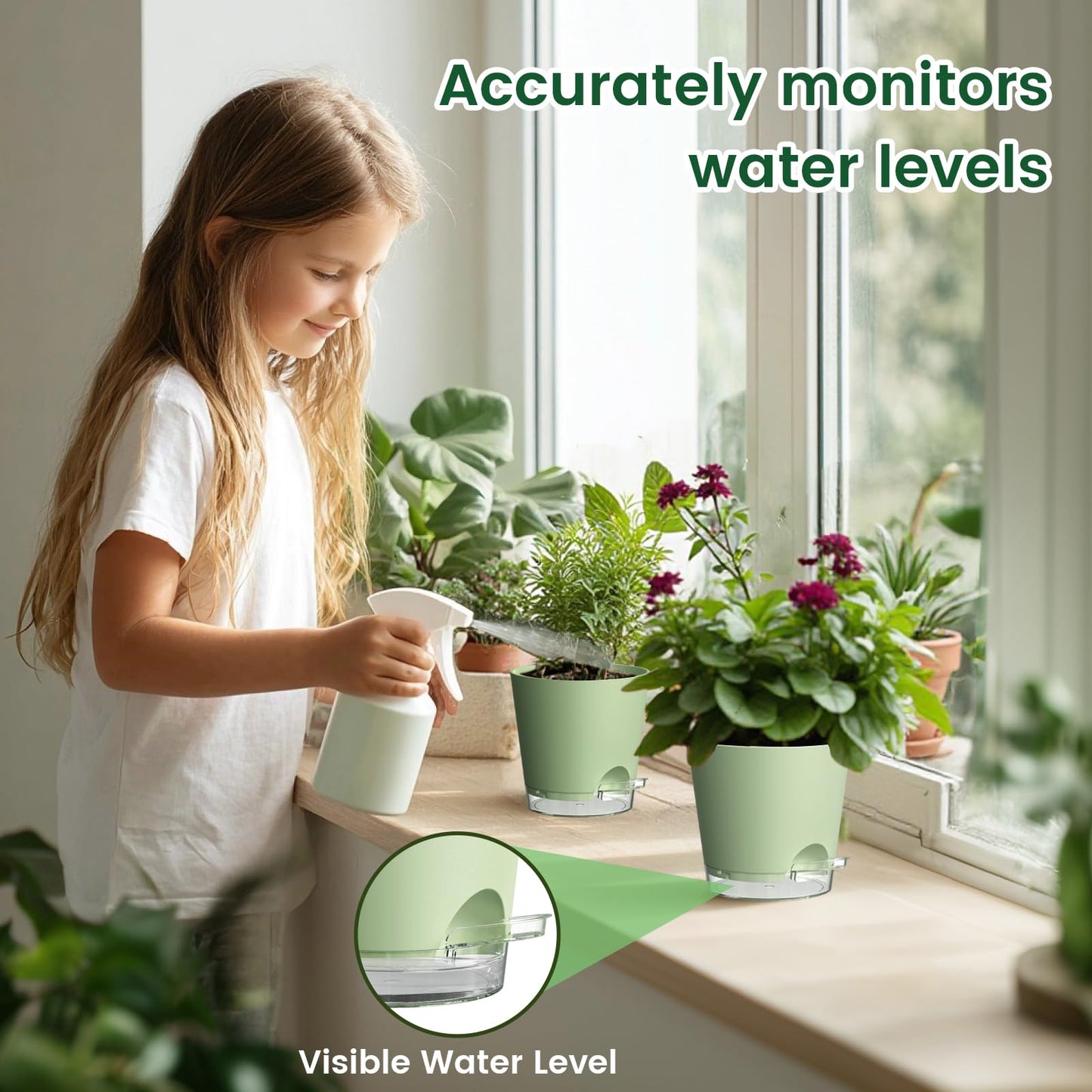 Meowell 6 inch Self Watering Pots for Indoor Outdoor Plants, 6 Pack Flower Plant Pots with Drainage Holes and Clear Reservoirs, Visible Water Level, Plastic Planters with Wicking Rope, Green