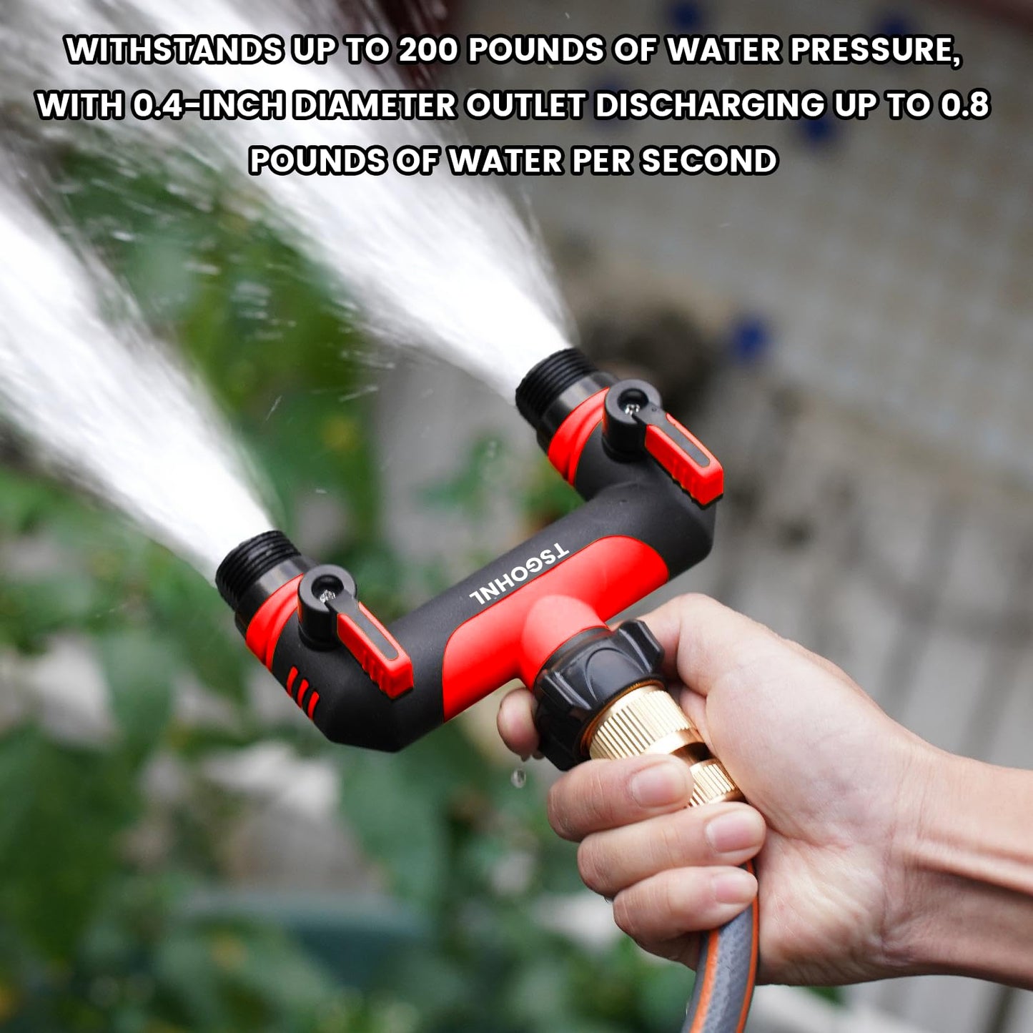 2 Way Garden Hose Splitter, 3/4 Inch Outdoor Faucet Splitter, Hose Manifold with Independent Shut Off Valves, Wide Spacing for Hose Timers, Sprinklers, Lawn, Yard and Garden Watering - Red