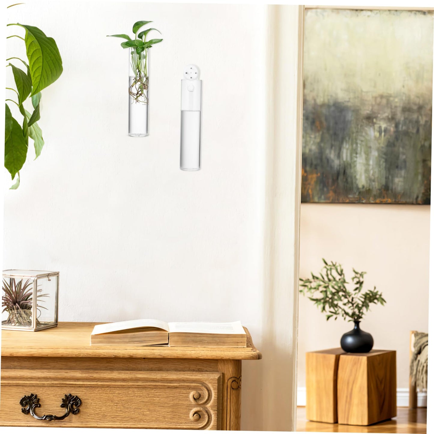 VANZACK 2pcs Cylinder Glass Wall Vases Hanging Terrarium Planters for Indoor Plants Easy to Install Propagation Stations for Home and Office Decor