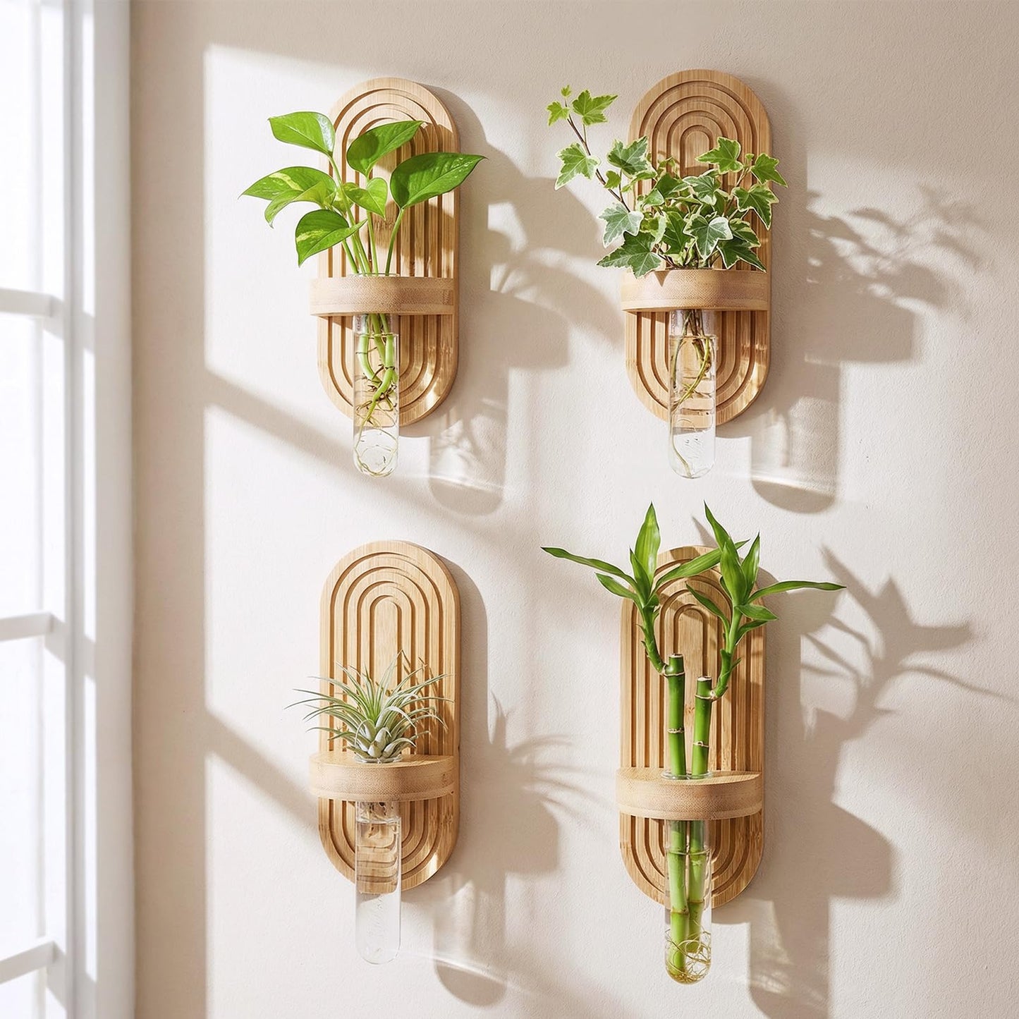 Beeveer 4 Sets Hanging Plant Propagation Stations Bamboo Wood Wall Mounted Test Tube Vase Rustic Decorative Glass Planter Holder Gift for Women Plant Lover Hydroponic Flowers Home and Office Decor