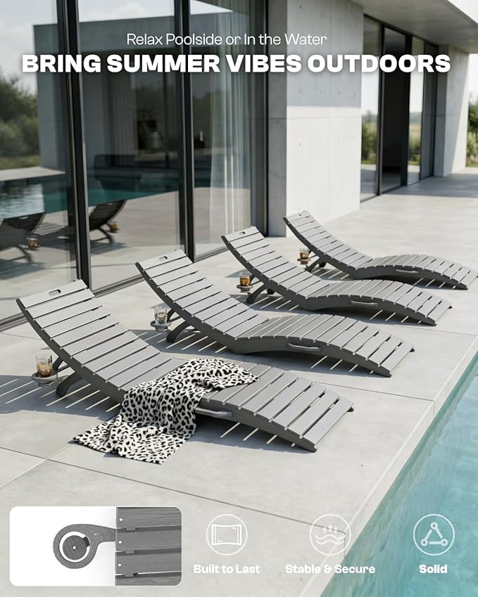 Folding HDPE Pool Lounge Chairs Set of 4, Pre-Assembled Outdoor Chaise Lounge