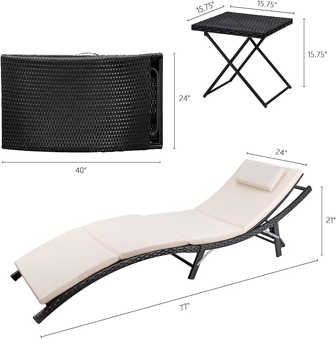 Devoko Patio Chaise Lounge Sets Outdoor Rattan Adjustable Back 3 Pieces