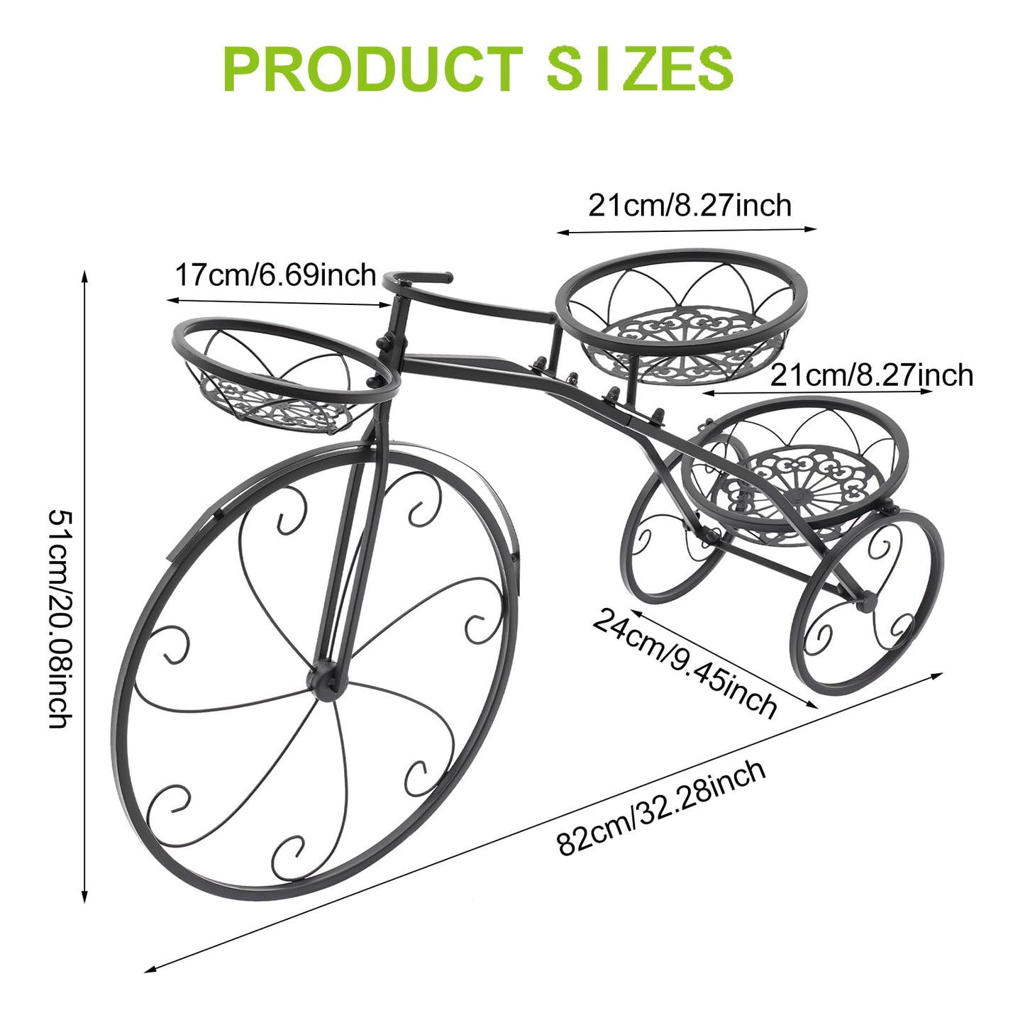 CCXYYFDJ Tricycle Plant Stand, Metal Bicycle Planter with 3 Plant Baskets, 66Lbs Capacity Detachable Bike Flower Pot Cart Holder for Patio Deck Garden Lawn Decorative