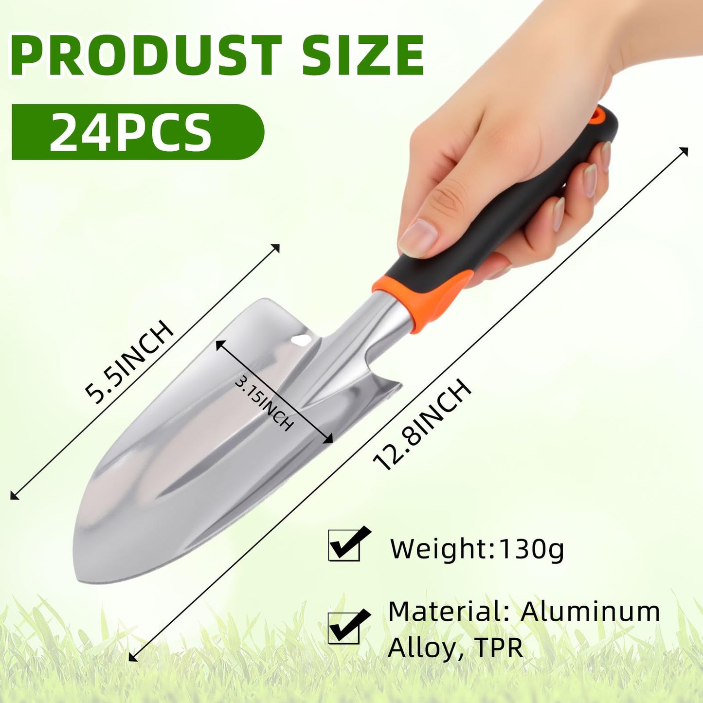 Yaocom 24 Pcs Garden Shovel Aluminum Alloy Heavy Duty Trowel Small Digging Shovels Metal Hand Trowel Spade with Soft Handle for Garden Lawn Yard Planting Tool (Wide Shovel,Yellow,Green,Orange,Red)