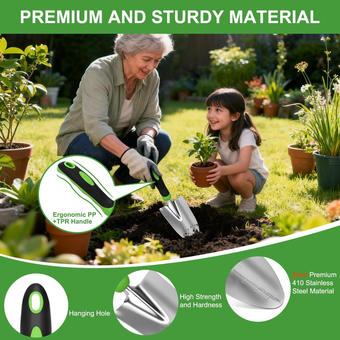 Yesker Gardening Tools 9-Piece Heavy Duty Garden Tool Set Gardening Supplies Gifts for Women Men Gardening Hand Tool Kit with Non-Slip Ergonomic Handle, Garden Bag, Durable Gloves and Shears, Green