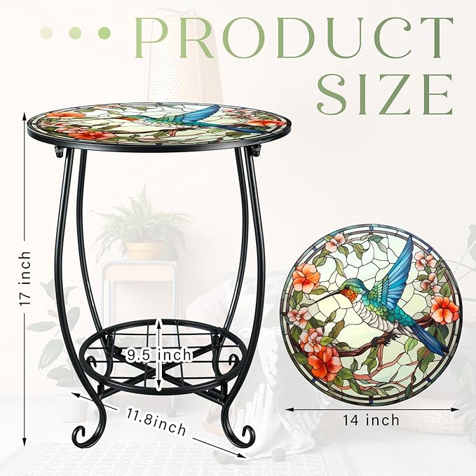 Cinnvoice Outdoor Side Table Round Small Mosaic Patio Accent Indoor End Plant
