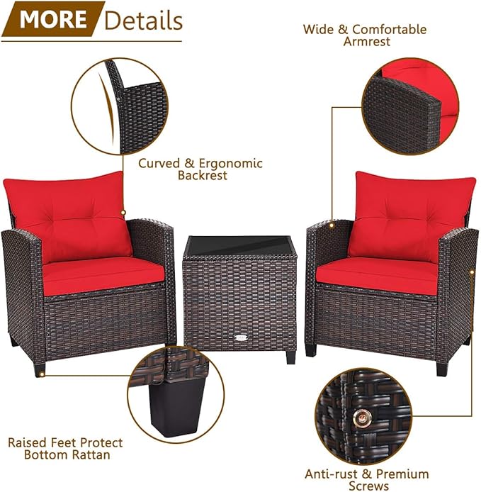 HAPPYGRILL 3 Pieces Patio Conversation Set, Outdoor Furniture Set PE Rattan