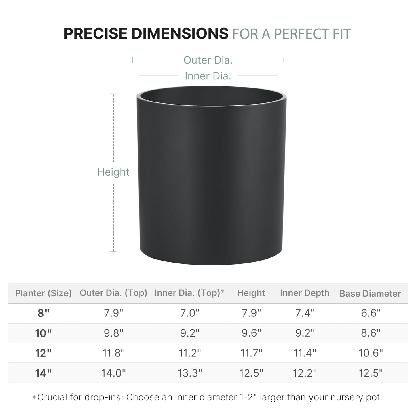 FaithLand 14 Inch Fiberstone Planter - Lightweight Modern Cylinder Plant Pot with Drainage Hole & Plug, Indoor Outdoor Use, Matte Black