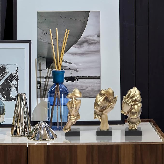 3 Pcs Thinker Statue, Silence is Gold Abstract Art Figurine, No Hear No See No Speak Modern Home Resin Sculptures Decorative Objects Decor for Home Office Bookshelf Desktop(Gold), A-41