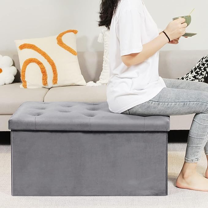 B FSOBEIIALEO Folding Storage Ottoman, Long Ottomans Shoes Bench, Velvet
