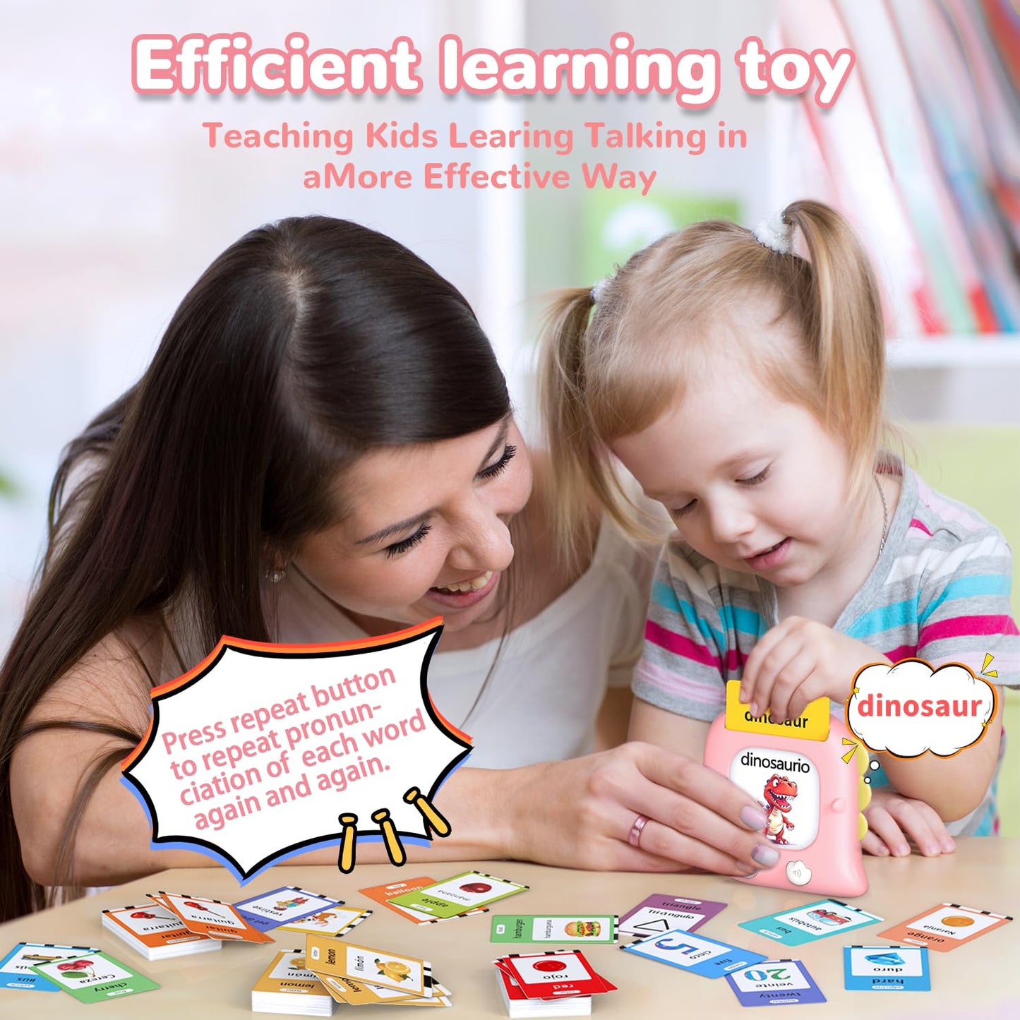 Kidzdo 520 Bilingual Spanish English Talking Flash Cards, Easter Birthday Gifts for 2 3 4 5 6 Year Old Girls, Language Pocket Speech Therapy Toys, Portable Toddlers Toys, Pink