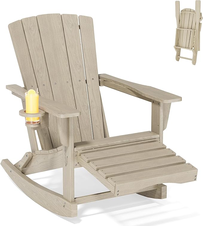 Adirondack Rocking Chair with Retractable Ottoman, Outdoor Folding Adirondack