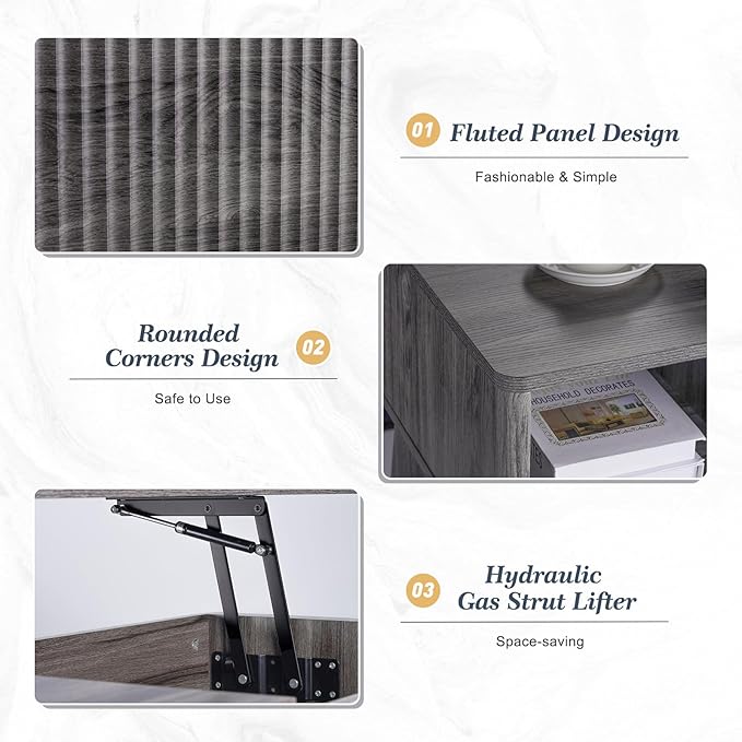 LYNCOHOME Fluted Lift Top Coffee Table