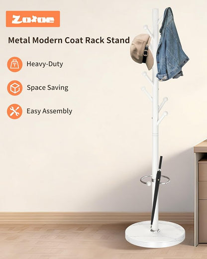 ZOZOE Metal Coat Rack Stand, Modern Coat Rack Freestanding with Natural Marble Base, Sturdy Industrial Coat Racks with 8 Hooks & Umbrella Holder,White Coat Tree Hanger Stand for Entryway,Office