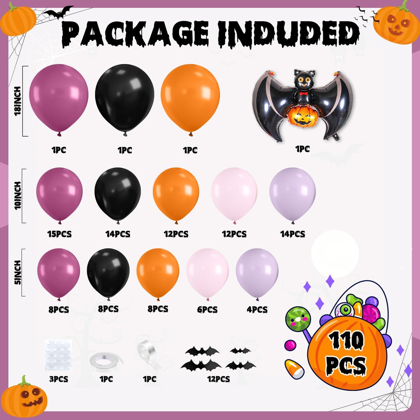 Halloween Balloon Arch Garland, Pink Purple Balloons with Star Cute Ghost Boo Foil Balloon, Metallic Purple Pink Black Latex Balloons Bat Stickers for Kids Girls Birthday Halloween Party Decorations