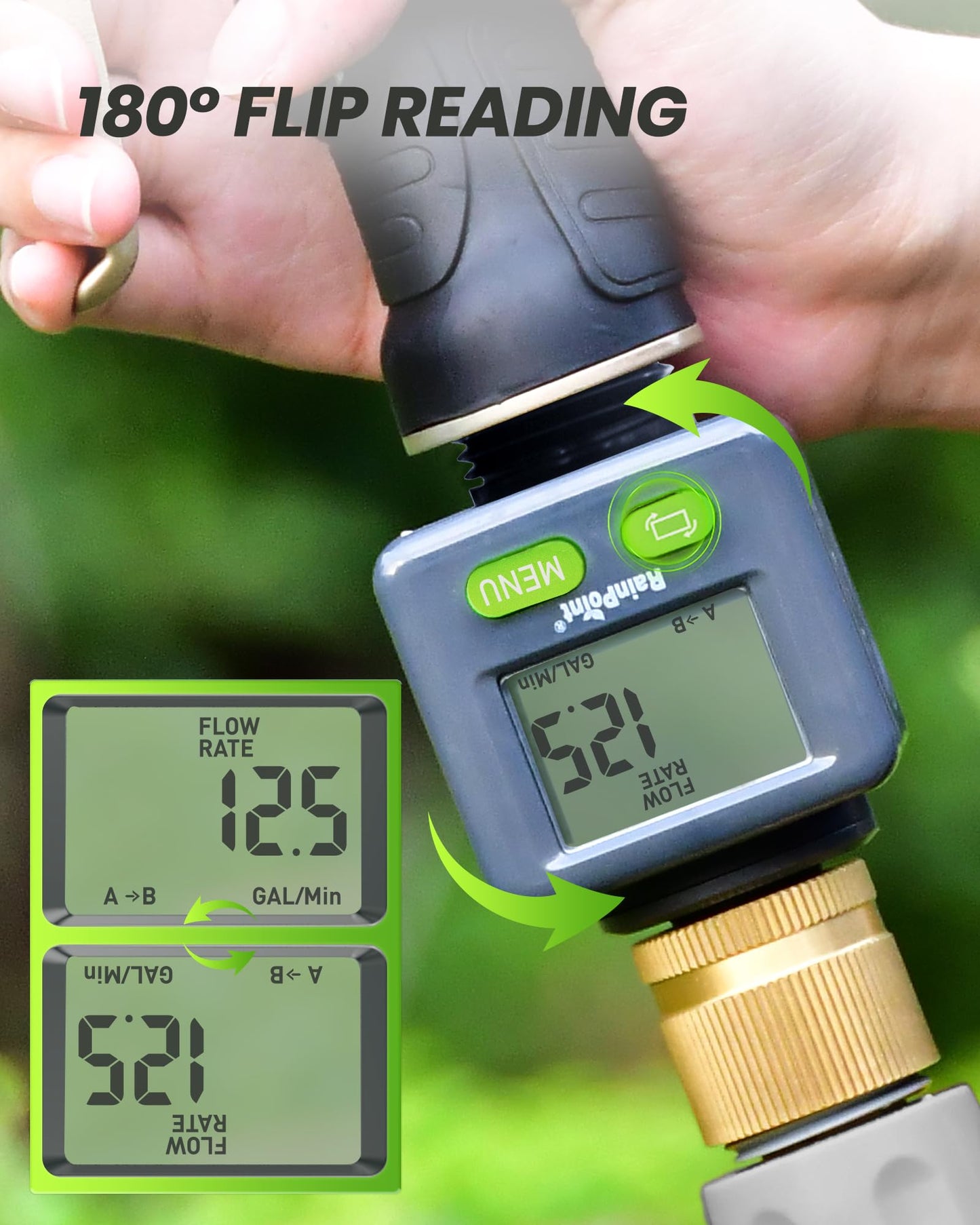 Rainpoint Water Flow Meter with Brass Inlet, 180°Screen-Flip Garden Hose Flow Meter, Measure up to 9999.9 Gallon/Liter Consumption & Flow Rate for RV, Garden Hose, Sprinkler & Nozzle Sprayer