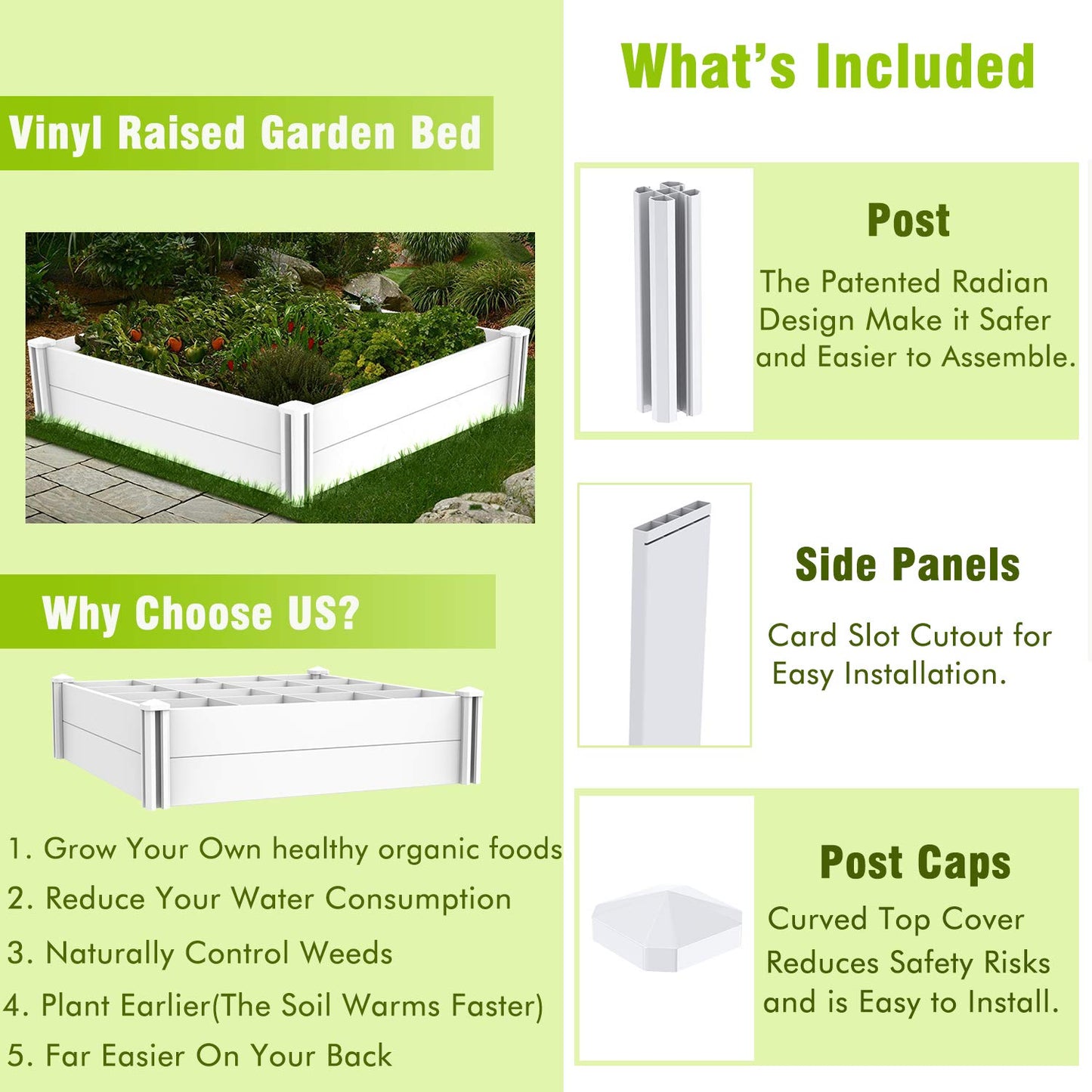 Kdgarden Raised Garden Bed Kit 4'x4' Outdoor Above Ground Planter Box for Growing Vegetables Flowers Herbs, DIY Gardening, Whelping Pen and More, Screwless White Vinyl Garden Bed with Grid
