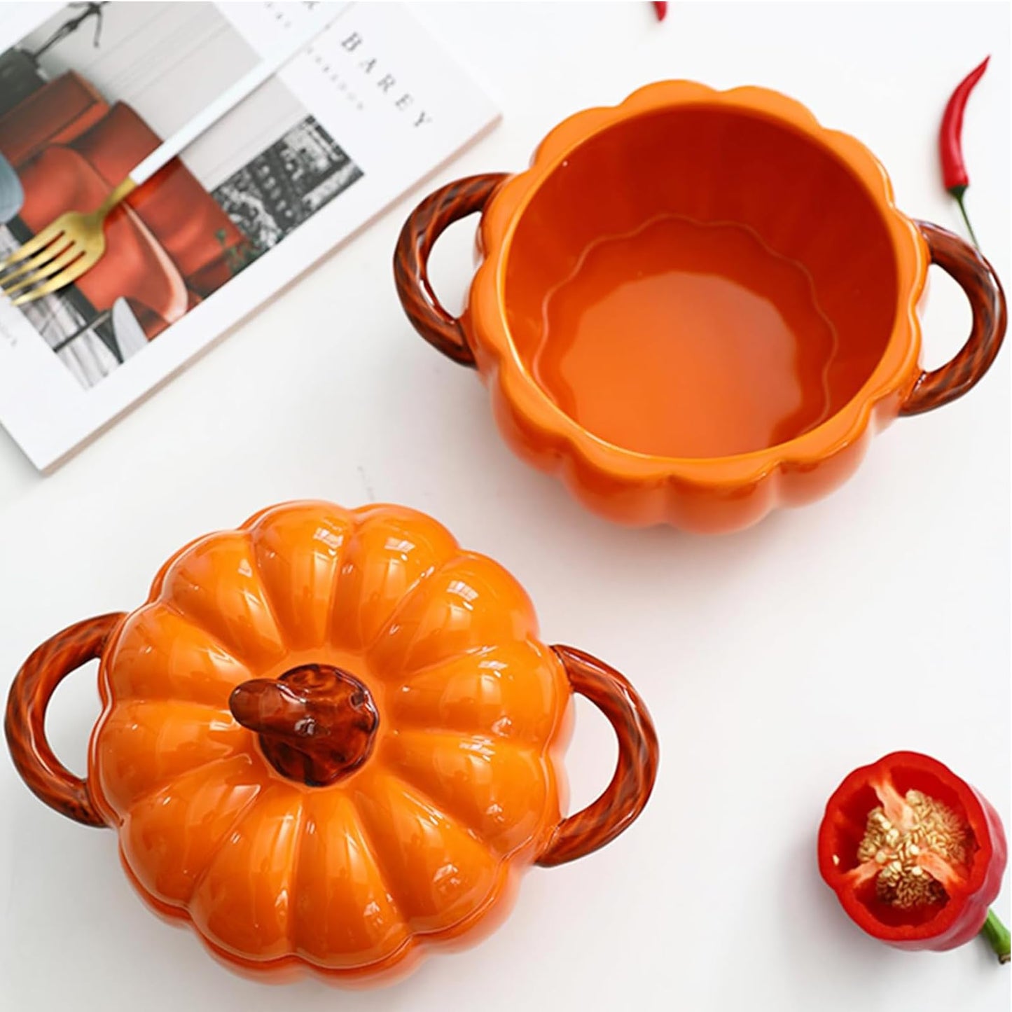 Dutch Pot with Lid, Pumpkin Shaped Ceramic Dessert Bowl, Cute Cushaw Bowl, Pumpkin Shaped Clay Pot Safe for Microwave and Dishwasher, Ideal Kitchen Decoration and Gift for Halloween (Orange)