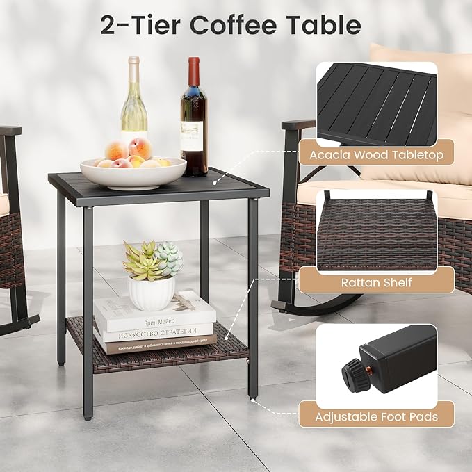 Tangkula 3 Pieces Outdoor Rocking Chairs Set, Rattan Heavy Duty Cushioned