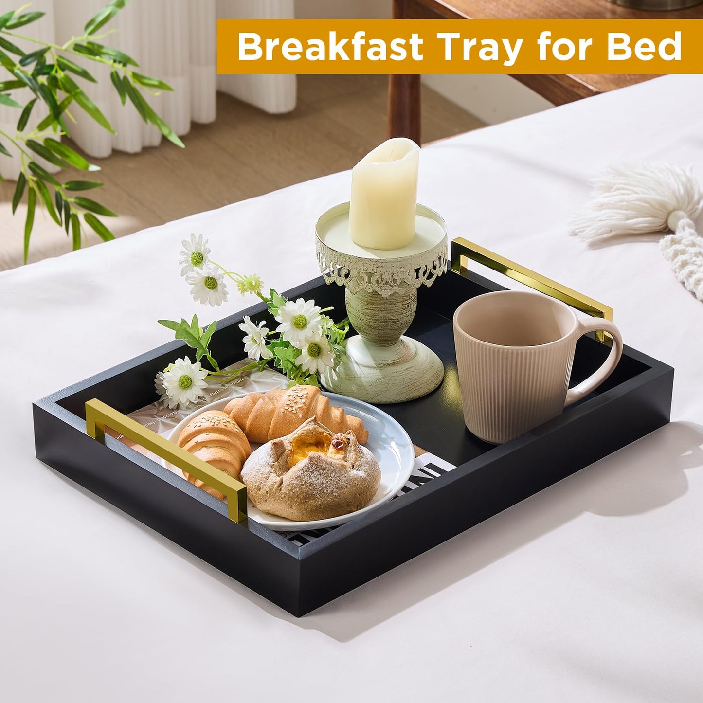 16"x12" Serving Trays with Handles, Black Decorative Serving Tray, Ottoman Trays for, Living Room, Bathroom, and Outdoors Decorative Trays (Black)