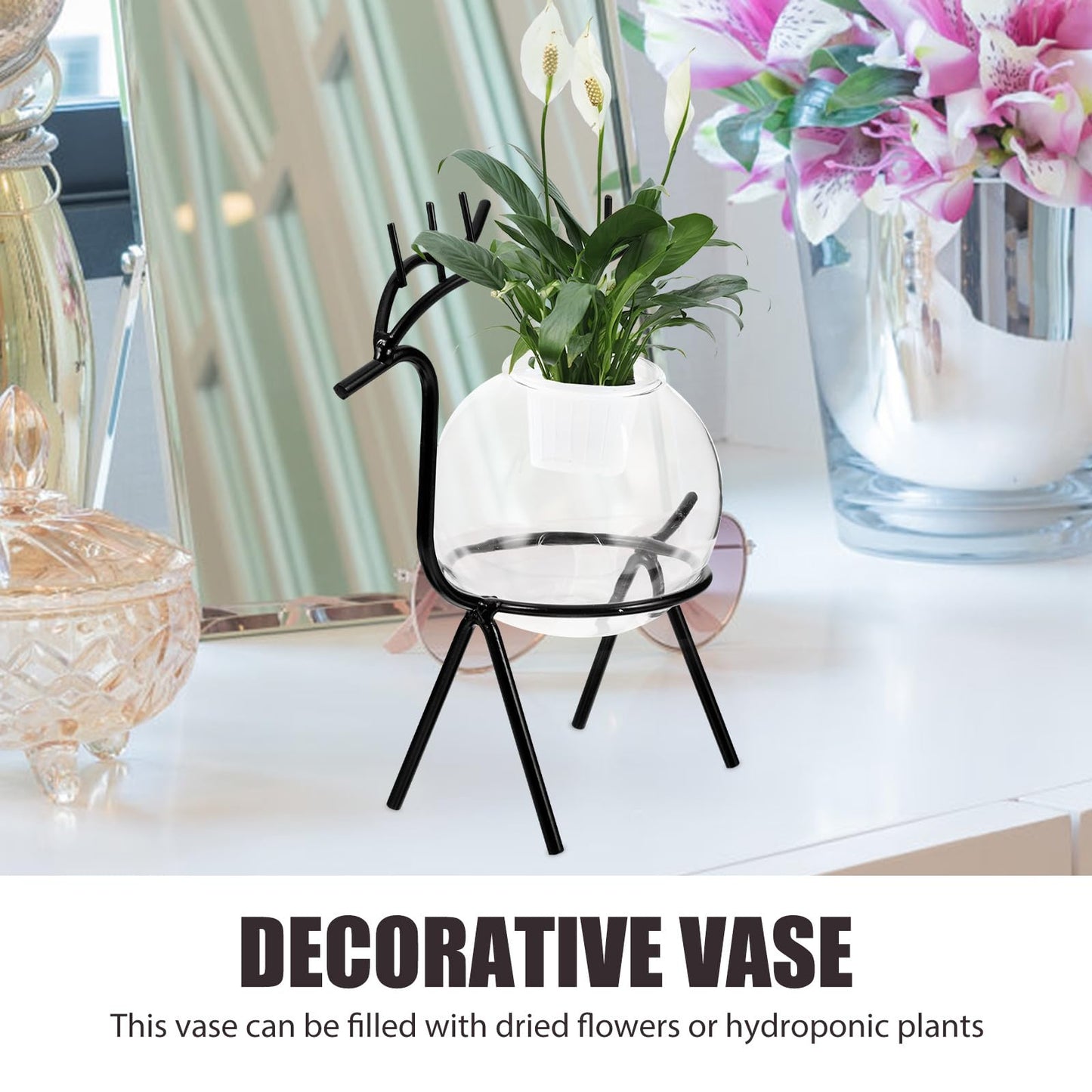Homoyoyo Hydroponic Flower Vase with Metal Stand, Compact Dark Deer Desktop Glass Planter, Modern Terrarium Vase for Home Office Green Plant Decoration