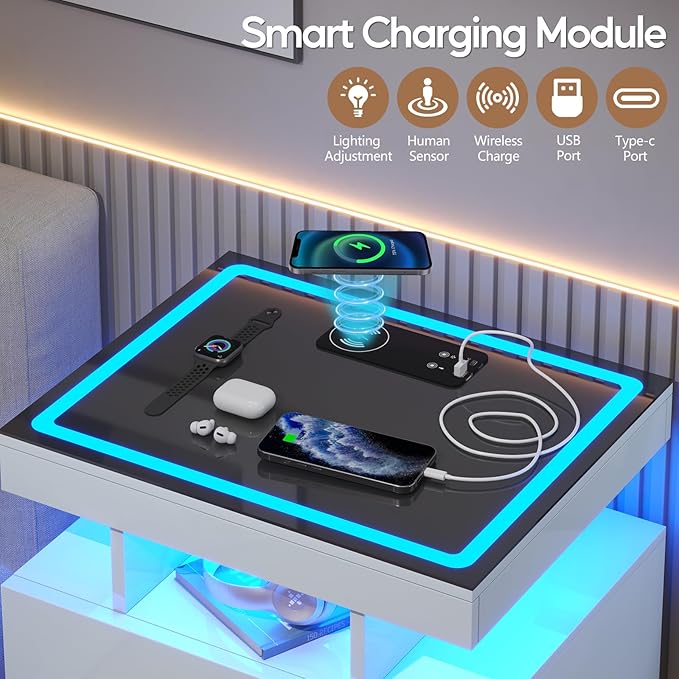 LED Nightstand with Wireless Charging Station, Glass Top Smart Bedside Table