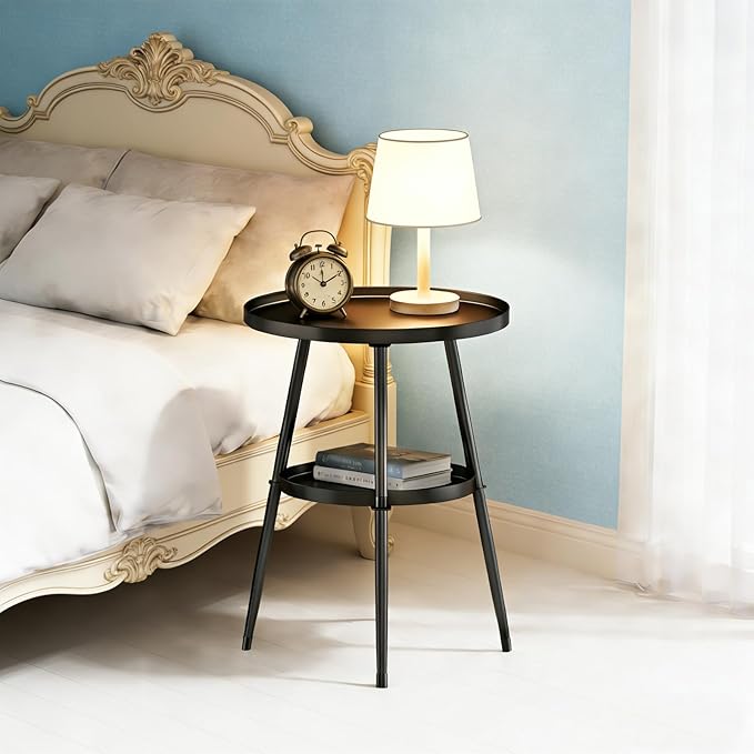 Side Table 2-Tier Small Round End Table Metal Black Accent Table